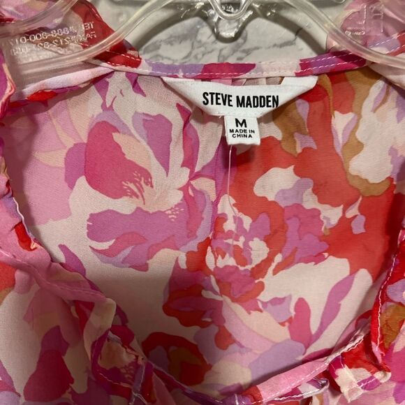 Steve Madden Womens Pink Orange White Floral Flutter Sleeve Blouse Shirt Medium - Picture 3 of 8